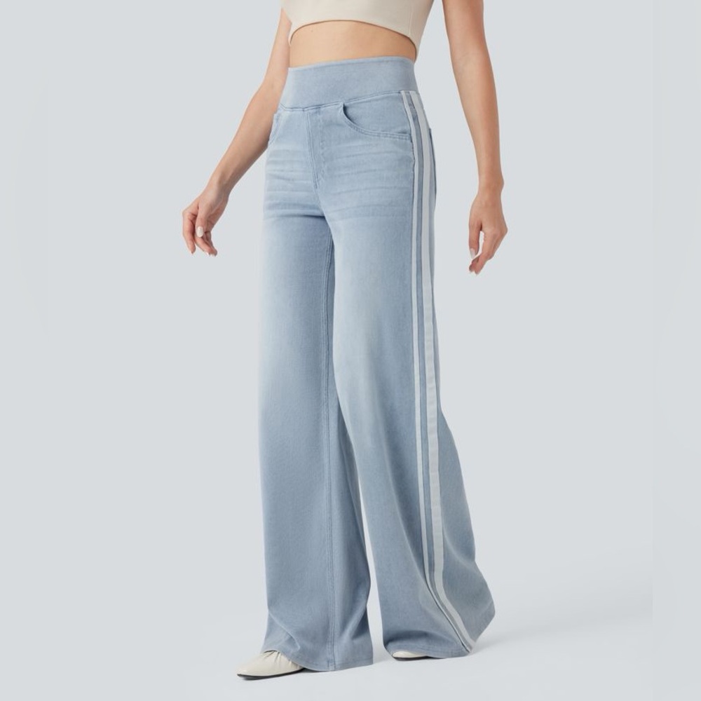 Halara FlexHigh Waisted Striped Wide Leg Flowy Washed Casual Jeans Denim Size M